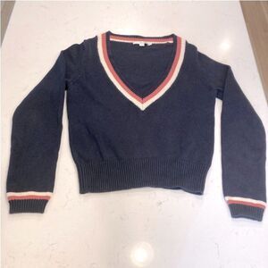 Boden Navy V-neck Pink White Striped Preppy Varsity 100% Cotton Cropped Sweater